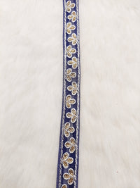 Thumbnail for Wholesale Navy Blue Net Lace Floral Embroidery & Glitter Gold Sequins, Indian Wedding Border, Gifting Ribbon Costume Trim Fashion Trimming