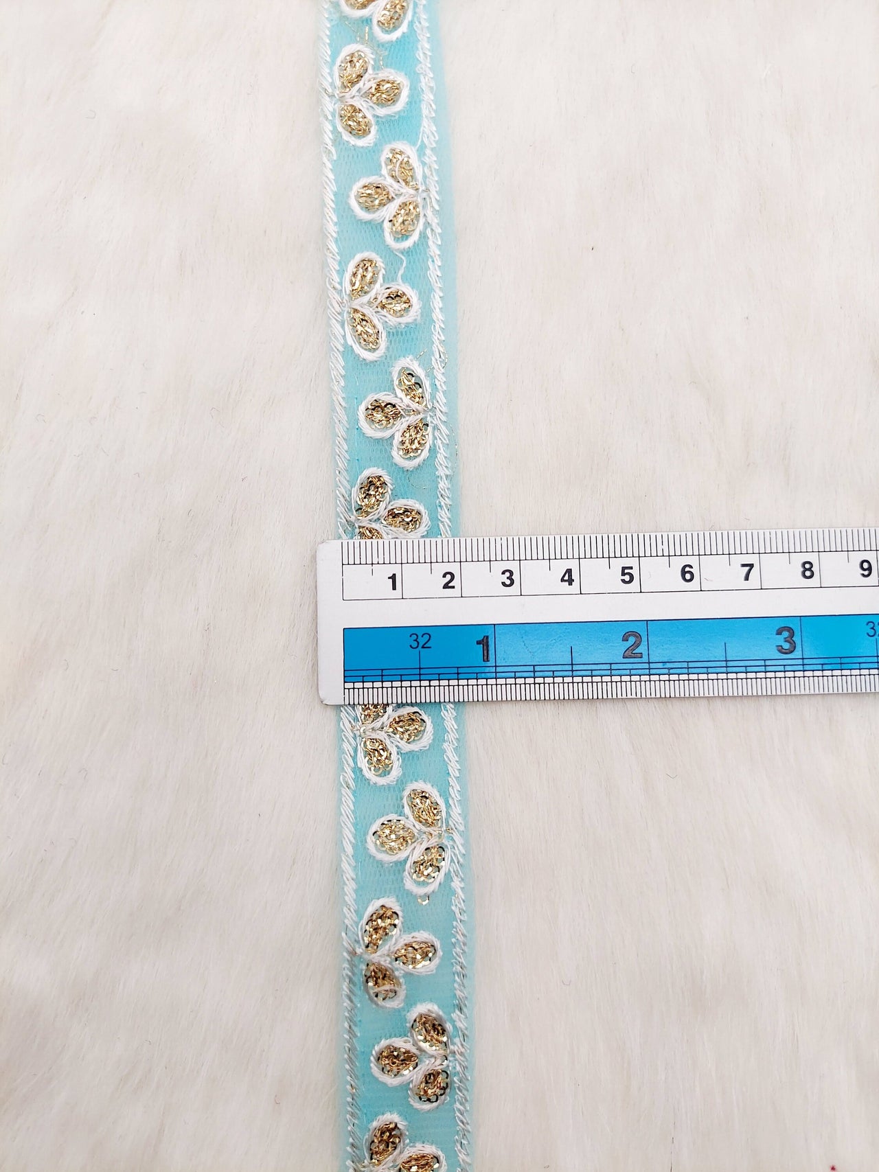 Wholesale Sky Blue Net Lace Floral Embroidery & Glitter Gold Sequins, Indian Wedding Border, Gifting Ribbon Costume Trim Fashion Trimming