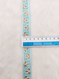 Thumbnail for Wholesale Sky Blue Net Lace Floral Embroidery & Glitter Gold Sequins, Indian Wedding Border, Gifting Ribbon Costume Trim Fashion Trimming