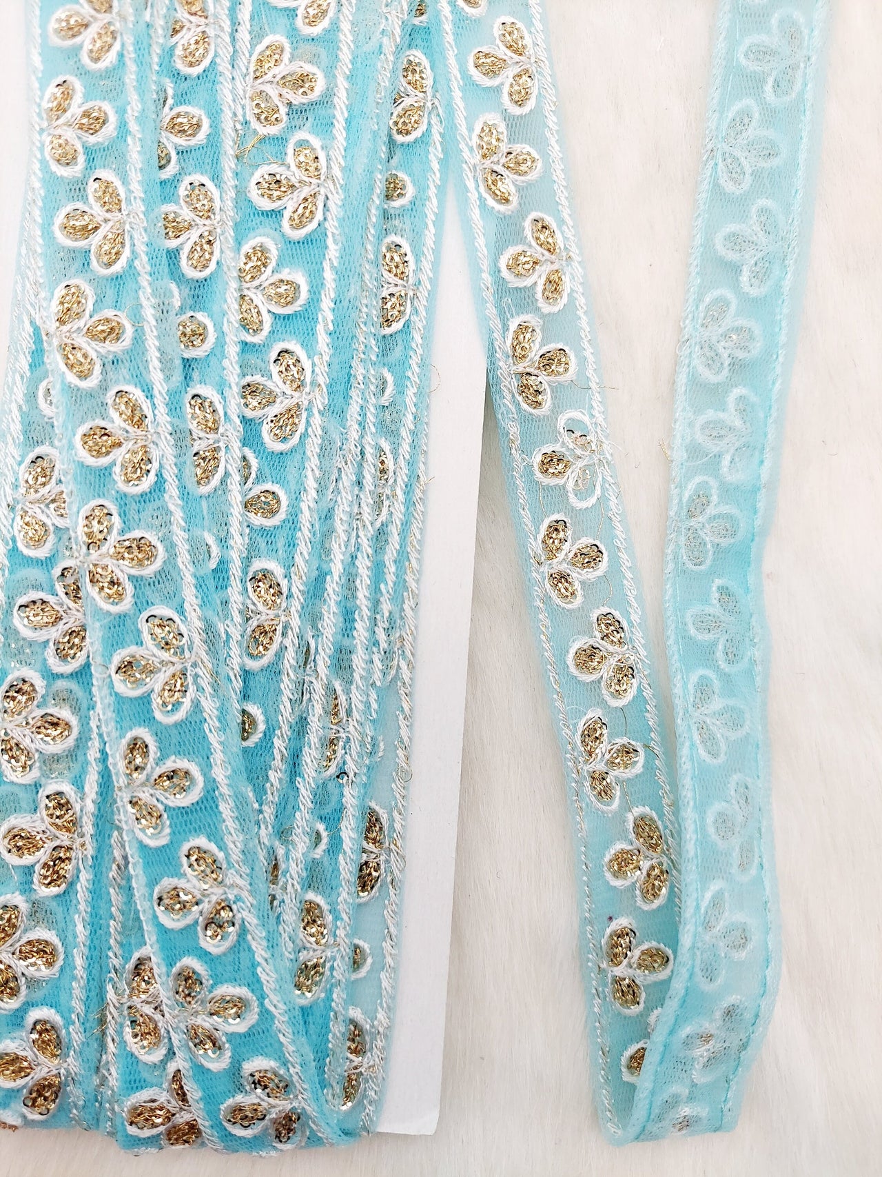 Wholesale Sky Blue Net Lace Floral Embroidery & Glitter Gold Sequins, Indian Wedding Border, Gifting Ribbon Costume Trim Fashion Trimming