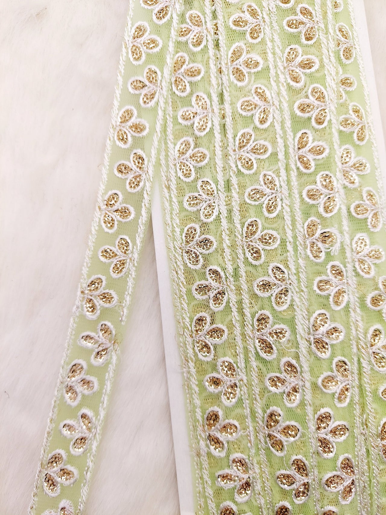 Wholesale Green Net Lace Floral Embroidery & Glitter Gold Sequins, Indian Wedding Border, Gifting Ribbon Costume Trim Fashion Trimming