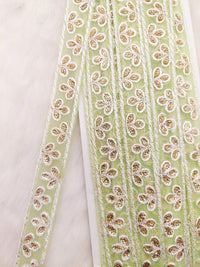 Thumbnail for Wholesale Green Net Lace Floral Embroidery & Glitter Gold Sequins, Indian Wedding Border, Gifting Ribbon Costume Trim Fashion Trimming