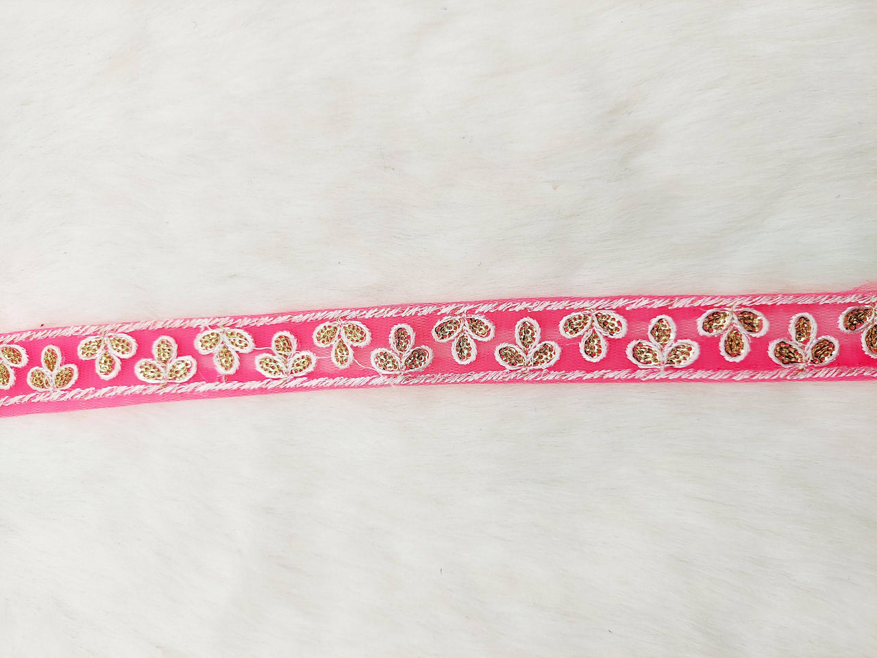 Wholesale Cerise Pink Net Lace Floral Embroidery & Glitter Gold Sequins, Indian Wedding Border, Gifting Ribbon Costume Trim Fashion Trimming