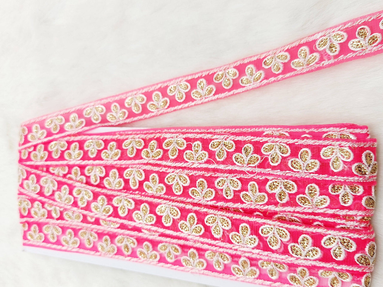 Wholesale Cerise Pink Net Lace Floral Embroidery & Glitter Gold Sequins, Indian Wedding Border, Gifting Ribbon Costume Trim Fashion Trimming