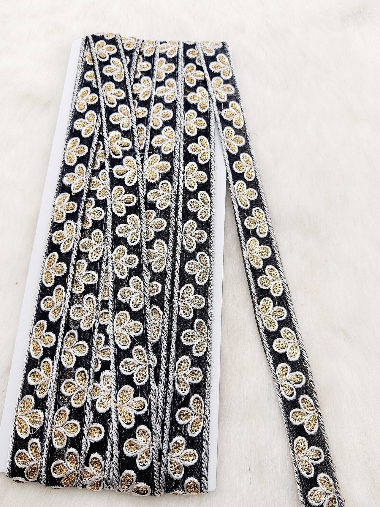 Wholesale Black Net Lace Floral Embroidery & Glitter Gold Sequins, Indian Wedding Border, Gifting Ribbon Costume Trim Fashion Trimming
