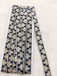 Thumbnail for Wholesale Black Net Lace Floral Embroidery & Glitter Gold Sequins, Indian Wedding Border, Gifting Ribbon Costume Trim Fashion Trimming