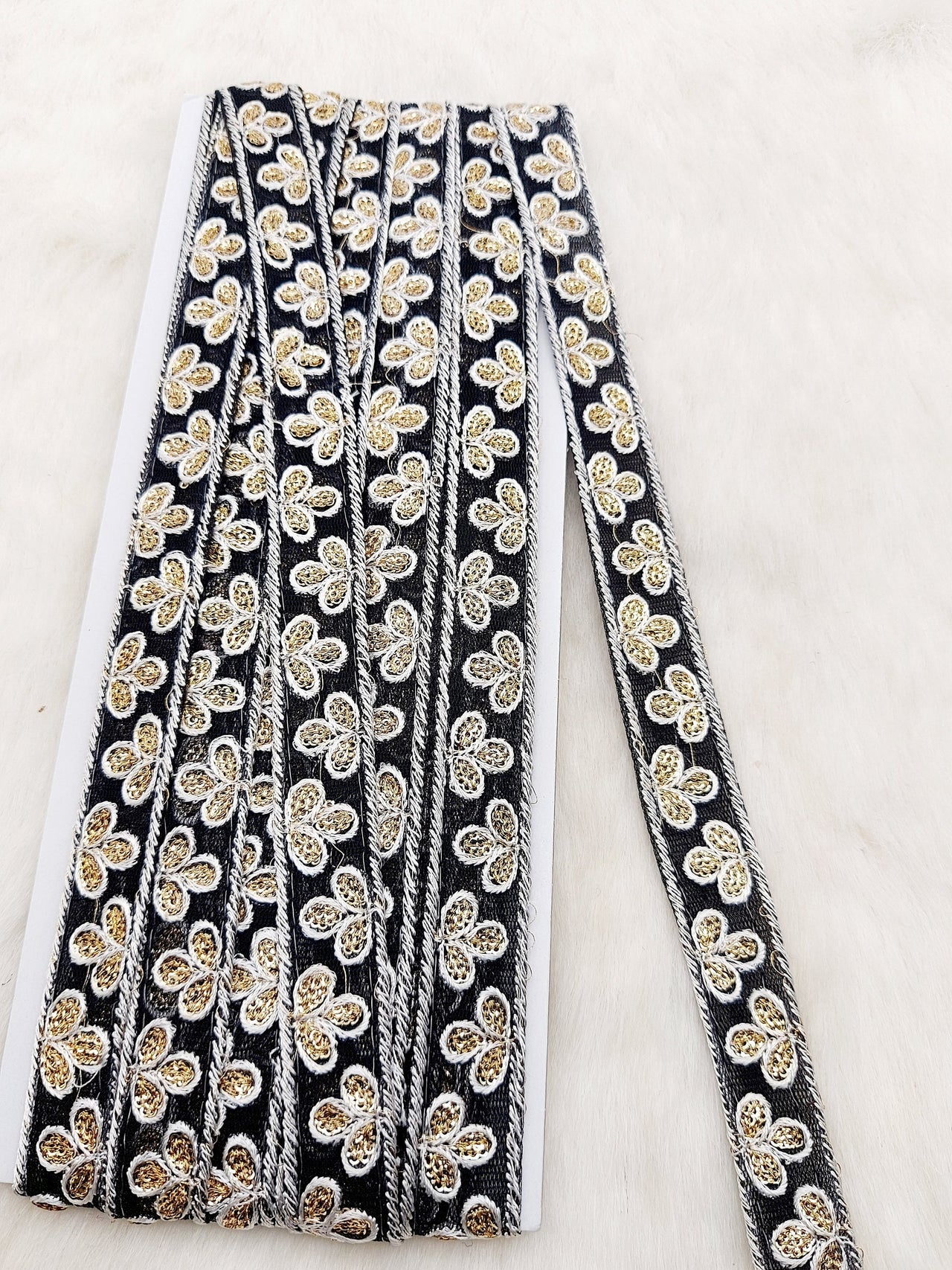 Wholesale Black Net Lace Floral Embroidery & Glitter Gold Sequins, Indian Wedding Border, Gifting Ribbon Costume Trim Fashion Trimming