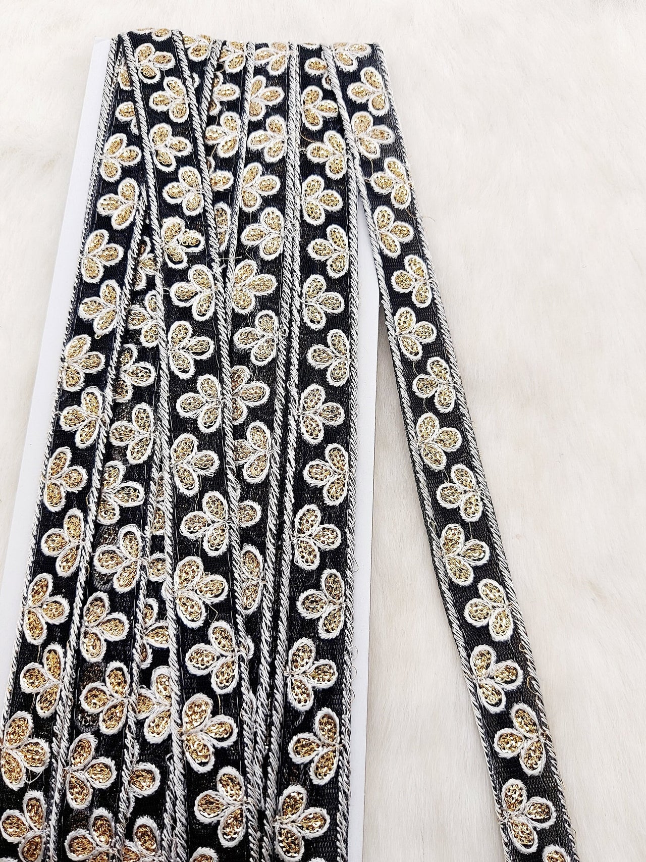 Wholesale Black Net Lace Floral Embroidery & Glitter Gold Sequins, Indian Wedding Border, Gifting Ribbon Costume Trim Fashion Trimming