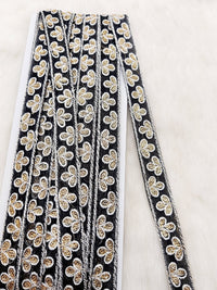 Thumbnail for Wholesale Black Net Lace Floral Embroidery & Glitter Gold Sequins, Indian Wedding Border, Gifting Ribbon Costume Trim Fashion Trimming