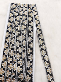 Thumbnail for Wholesale Black Net Lace Floral Embroidery & Glitter Gold Sequins, Indian Wedding Border, Gifting Ribbon Costume Trim Fashion Trimming