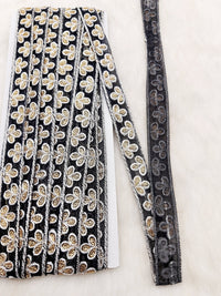 Thumbnail for Wholesale Black Net Lace Floral Embroidery & Glitter Gold Sequins, Indian Wedding Border, Gifting Ribbon Costume Trim Fashion Trimming