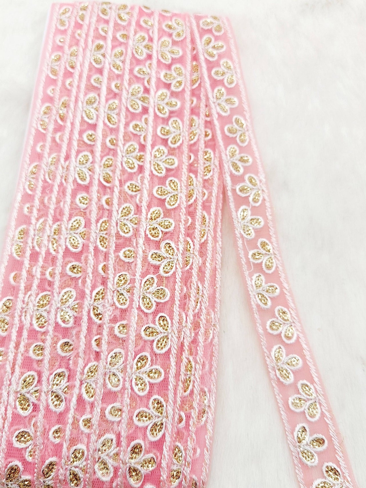 Wholesale Peach Net Lace Floral Embroidery & Glitter Gold Sequins, Indian Wedding Border, Gifting Ribbon Costume Trim Fashion Trimming