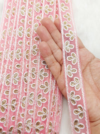 Thumbnail for Wholesale Peach Net Lace Floral Embroidery & Glitter Gold Sequins, Indian Wedding Border, Gifting Ribbon Costume Trim Fashion Trimming