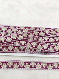 Thumbnail for Wholesale Wine Red Net Lace Floral Embroidery & Glitter Gold Sequins, Indian Wedding Border, Gifting Ribbon Costume Trim Fashion Trimming