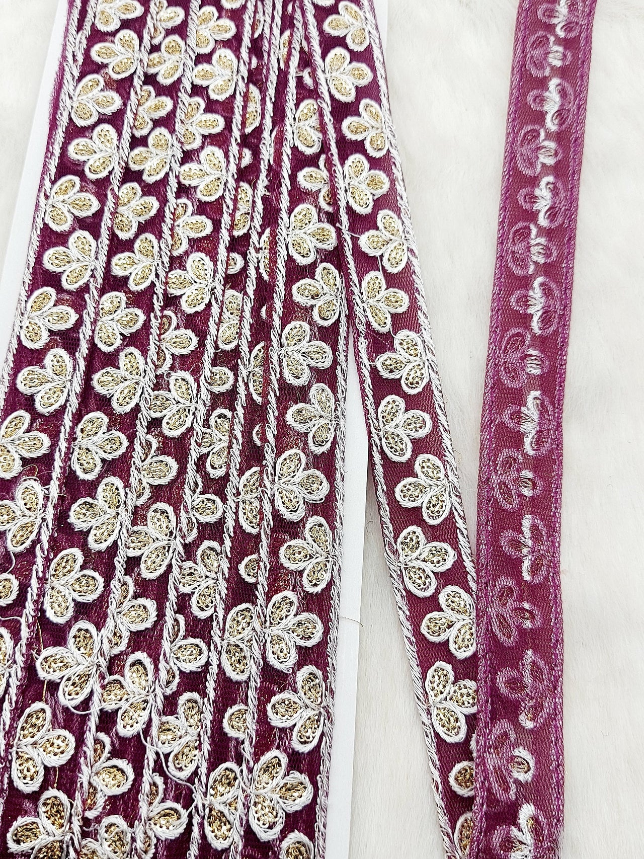 Wholesale Wine Red Net Lace Floral Embroidery & Glitter Gold Sequins, Indian Wedding Border, Gifting Ribbon Costume Trim Fashion Trimming