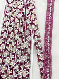 Thumbnail for Wholesale Wine Red Net Lace Floral Embroidery & Glitter Gold Sequins, Indian Wedding Border, Gifting Ribbon Costume Trim Fashion Trimming