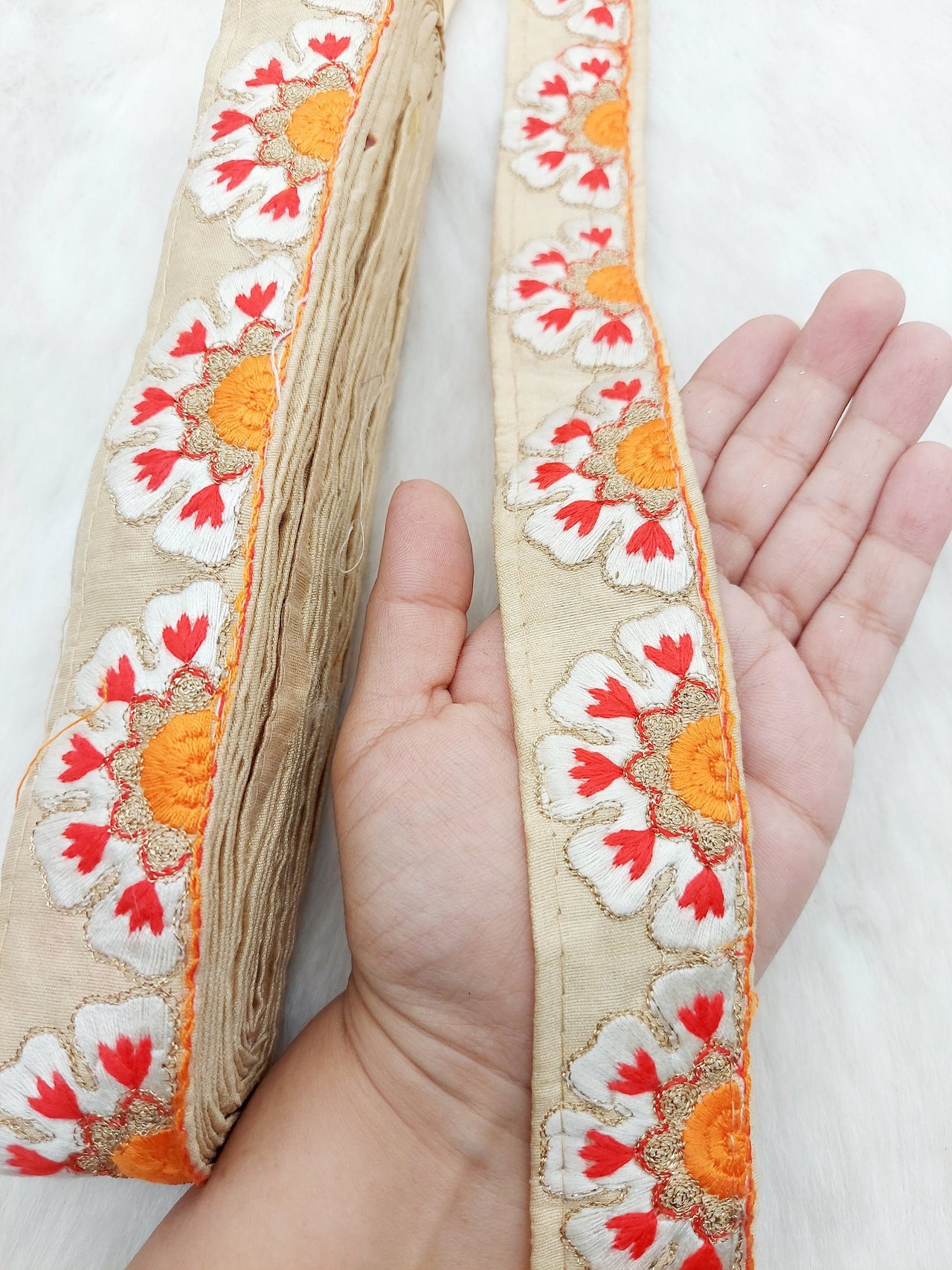 Beige Art Silk Lace Trim in Floral Embroidery, Decorative Trim, Trim By 3 Yards