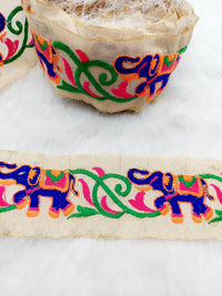 Thumbnail for Beige Trim With Blue Elephant Embroidery , Lace Trim, Indian Lace Trim