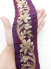 Thumbnail for Wine Red Art Silk Fabric Trim With Gold Zari Embroidery, Floral Embroider Trimming, Trim By The Yard