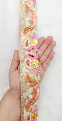 Thumbnail for Cutwork Lace Trim With Intricate Hand Embroidered Swans In Pink and Zardozi Embroidery, Floral Trims, Sari Border