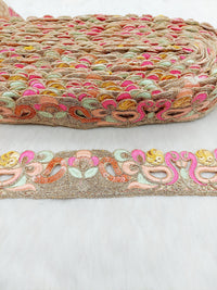Thumbnail for Cutwork Lace Trim With Intricate Hand Embroidered Swans In Pink and Zardozi Embroidery, Floral Trims, Sari Border