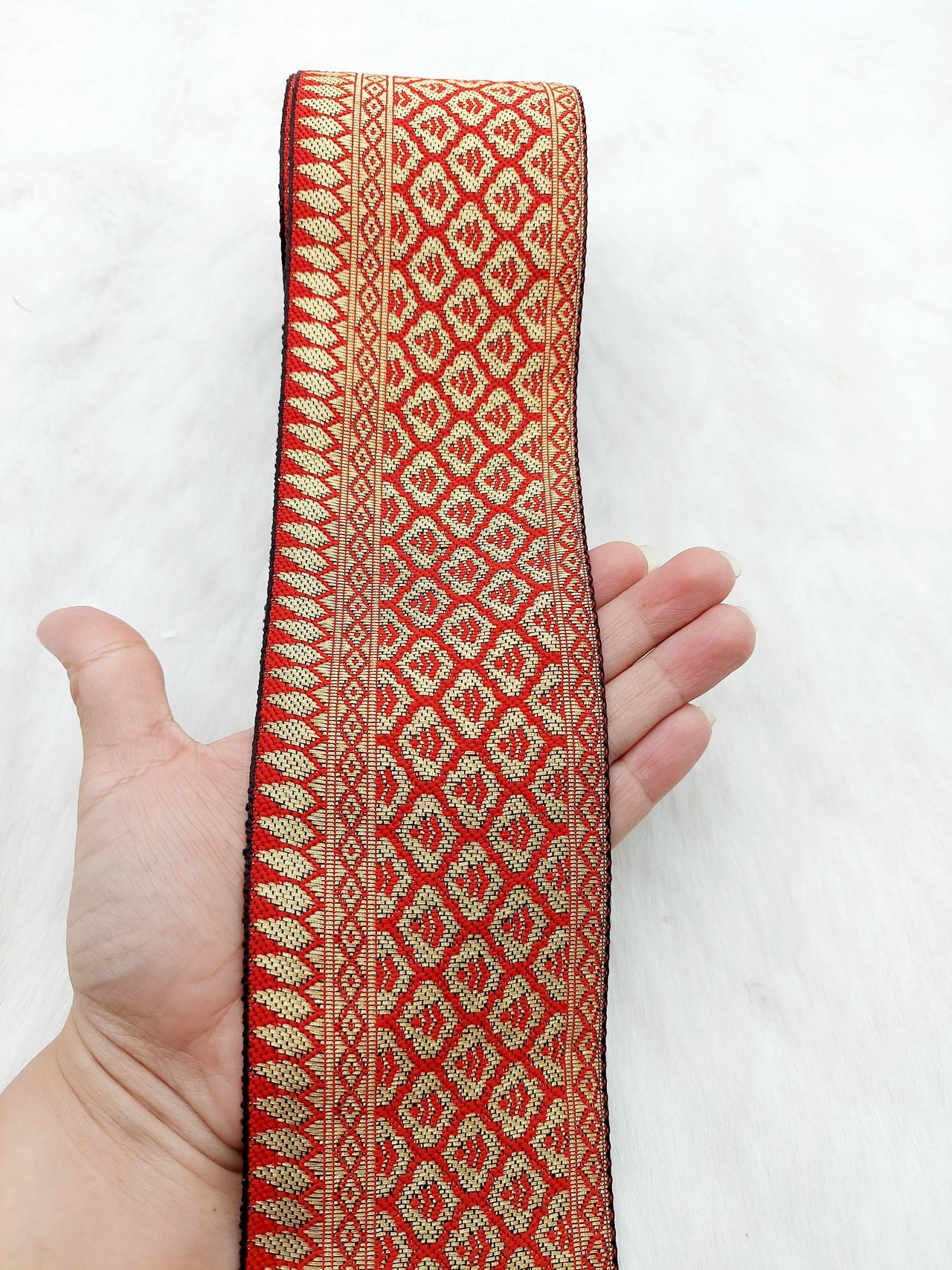 Jacquard Saree Border, Red And Gold Woven Thread Work Trim, Jacquard Trimming Decorative Trim