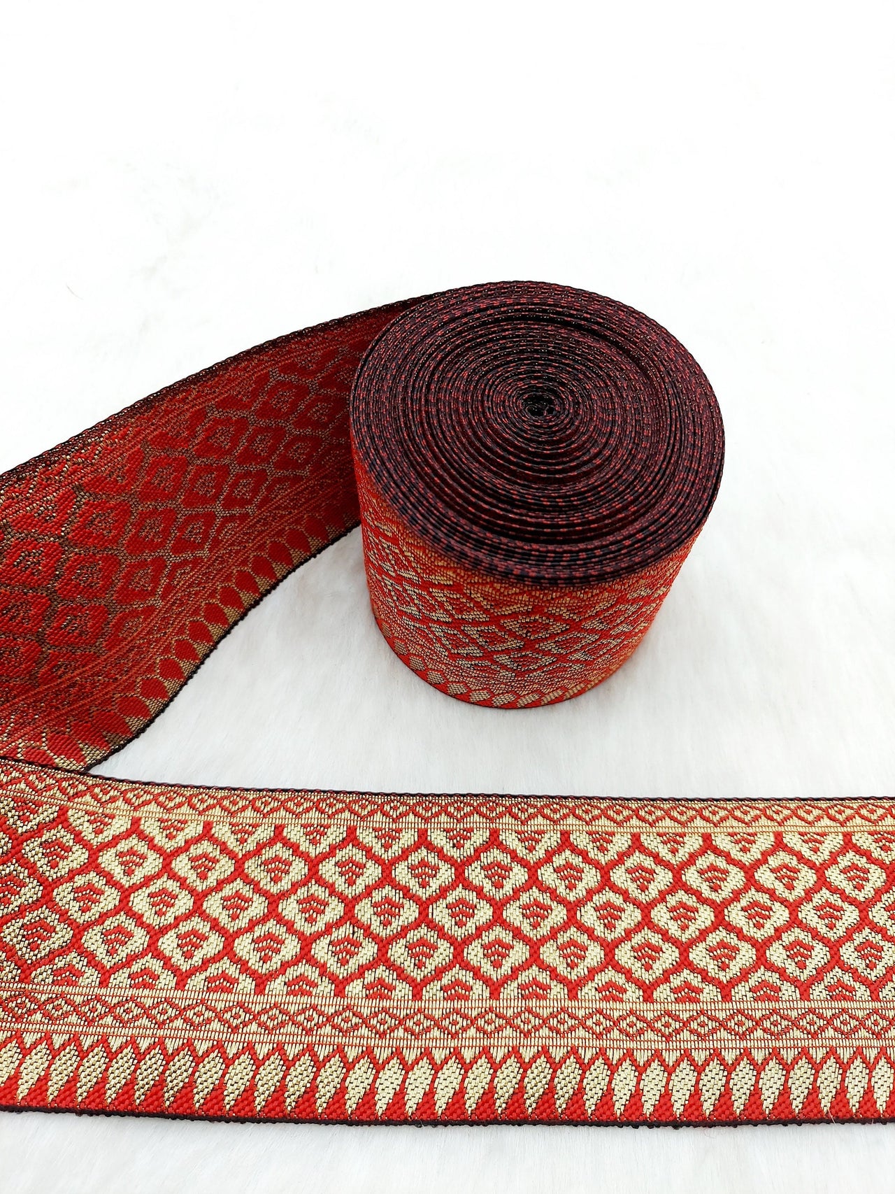 Jacquard Saree Border, Red And Gold Woven Thread Work Trim, Jacquard Trimming Decorative Trim