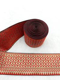 Thumbnail for Jacquard Saree Border, Red And Gold Woven Thread Work Trim, Jacquard Trimming Decorative Trim