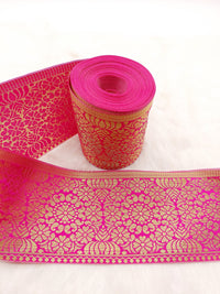 Thumbnail for Jacquard Saree Border, Fuchsia Pink And Gold Woven Thread Work Trim, Jacquard Trimming Decorative Trim