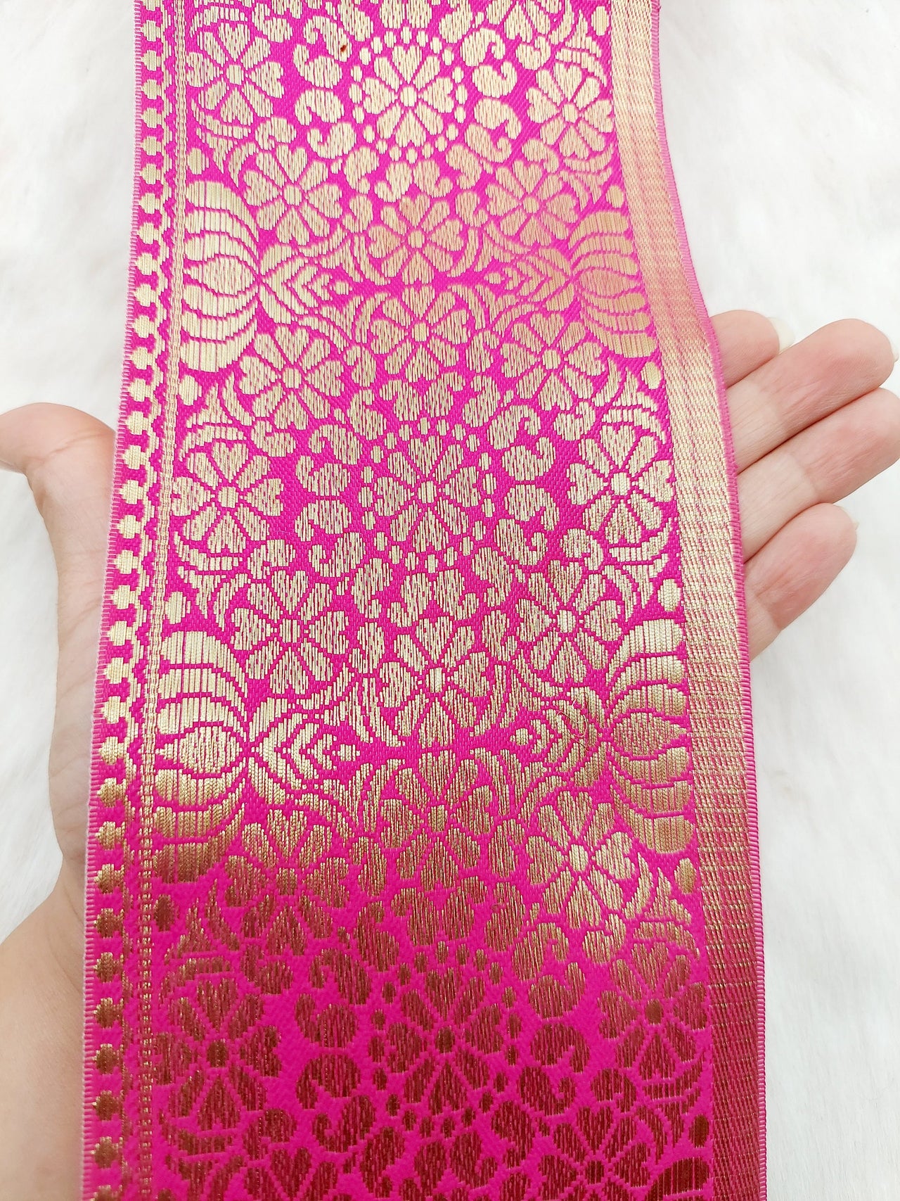 Jacquard Saree Border, Fuchsia Pink And Gold Woven Thread Work Trim, Jacquard Trimming Decorative Trim
