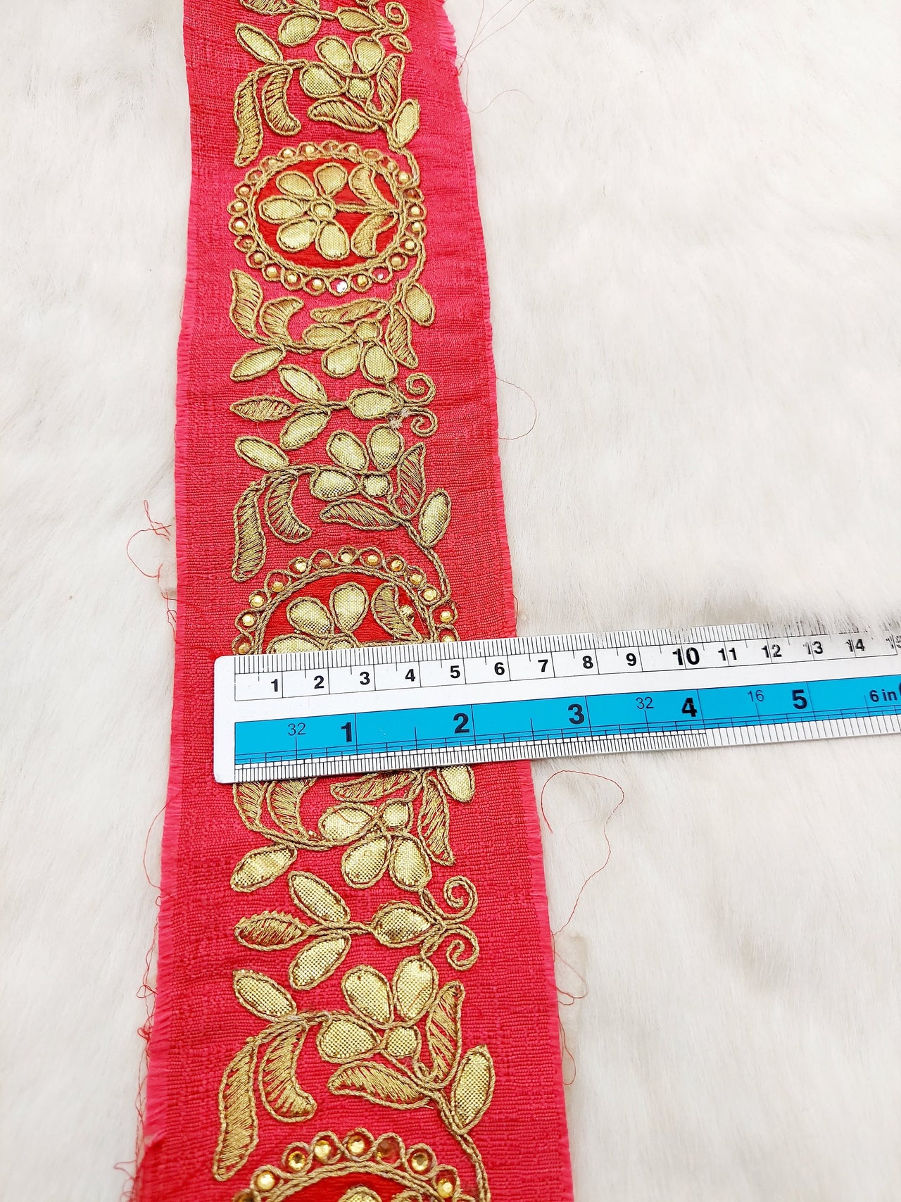 Red Art Silk Fabric Trim With Gold Zari Gota Patti Embroidery, Floral Embroider Trimming, Trim By The Yard