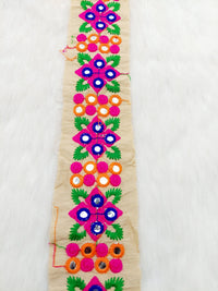 Thumbnail for Beige Art Silk Fabric Trim With Pink and Blue Floral Embroidery, Foil Mirror Embroider Trimming, Trim By The Yard