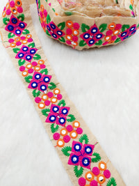 Thumbnail for Beige Art Silk Fabric Trim With Pink and Blue Floral Embroidery, Foil Mirror Embroider Trimming, Trim By The Yard