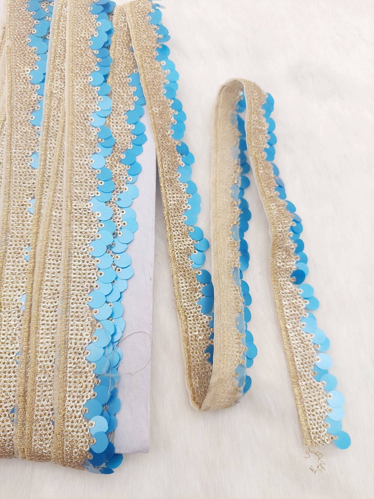 Blue and Gold Sequin Fringe Trim, Cutwork Edge Trimming, Bohemian Trim