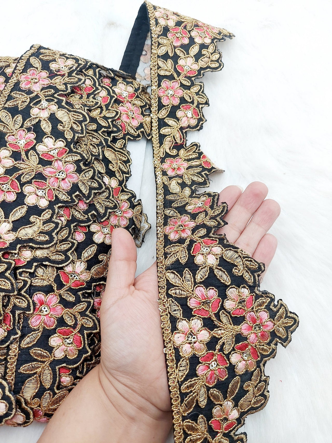 Hand Embroidered Cutwork Lace Trim In Gold Floral Embroidery, Sari Border, Trim by Yard