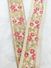 Thumbnail for Beige Silk Fabric Trim with Gold and Pink Floral Embroidery, Sari Border Trim, Trim by Yard