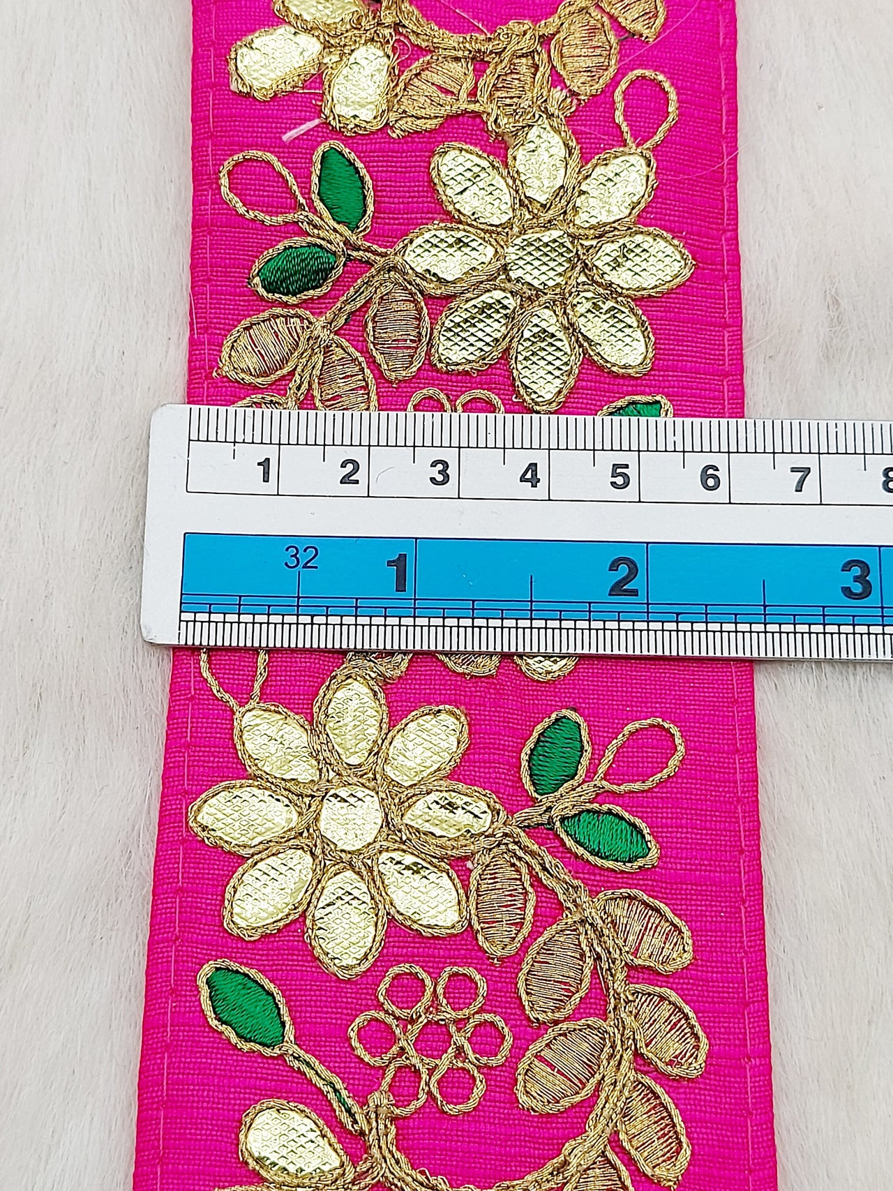 Fuchsia Pink Art Silk Fabric Trim, Green & Gold Floral Embroidery Gota Patti Indian Sari Border Trim By Yard Decorative Trim Craft Lace