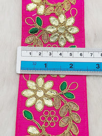 Thumbnail for Fuchsia Pink Art Silk Fabric Trim, Green & Gold Floral Embroidery Gota Patti Indian Sari Border Trim By Yard Decorative Trim Craft Lace