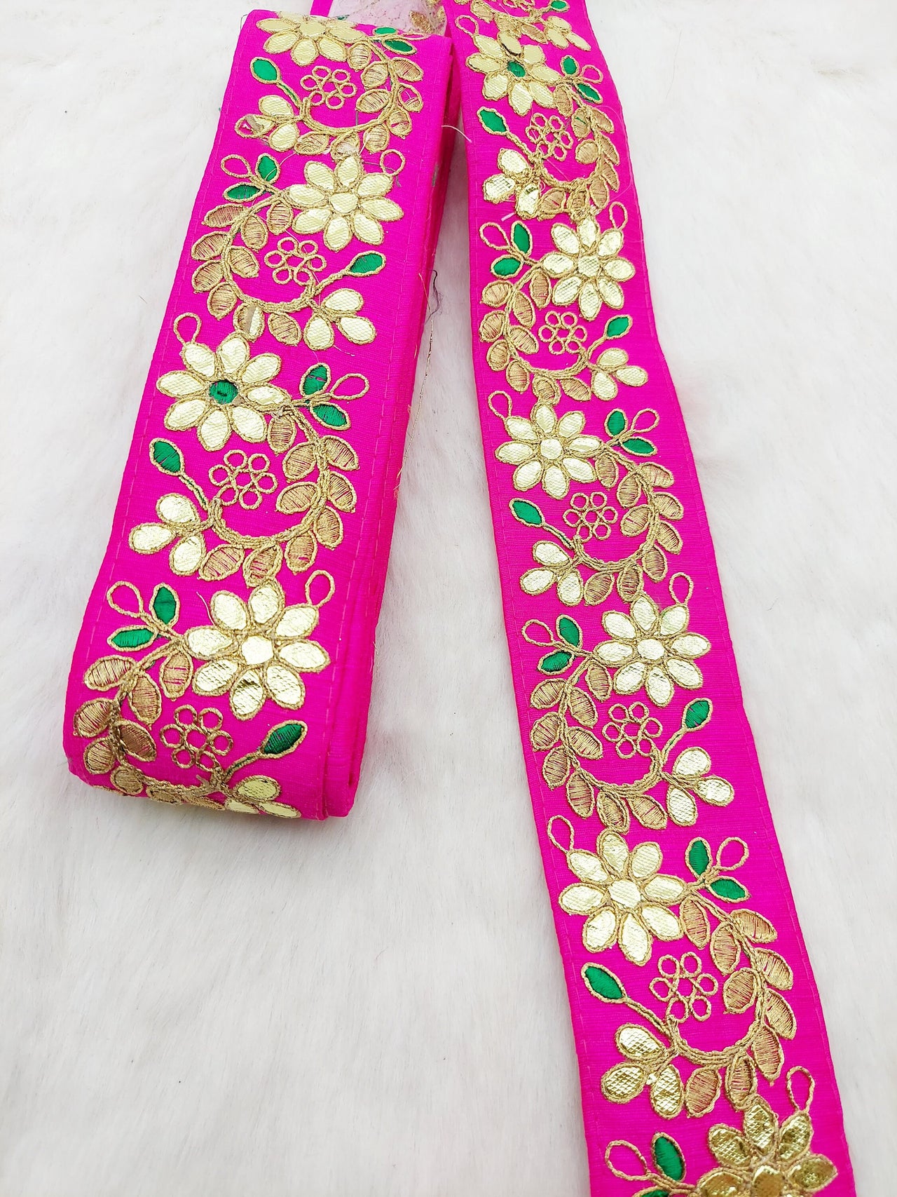 Fuchsia Pink Art Silk Fabric Trim, Green & Gold Floral Embroidery Gota Patti Indian Sari Border Trim By Yard Decorative Trim Craft Lace