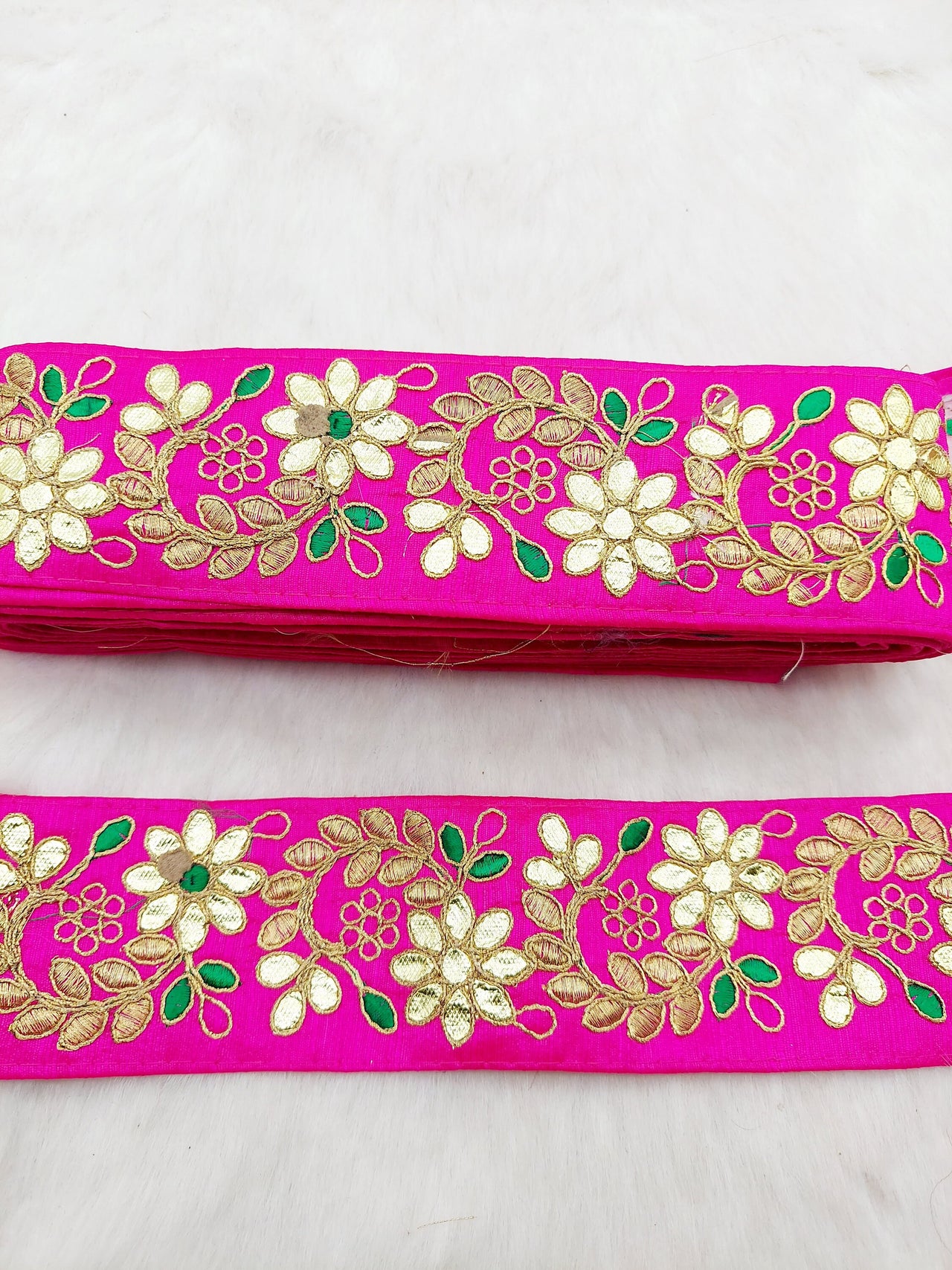 Fuchsia Pink Art Silk Fabric Trim, Green & Gold Floral Embroidery Gota Patti Indian Sari Border Trim By Yard Decorative Trim Craft Lace
