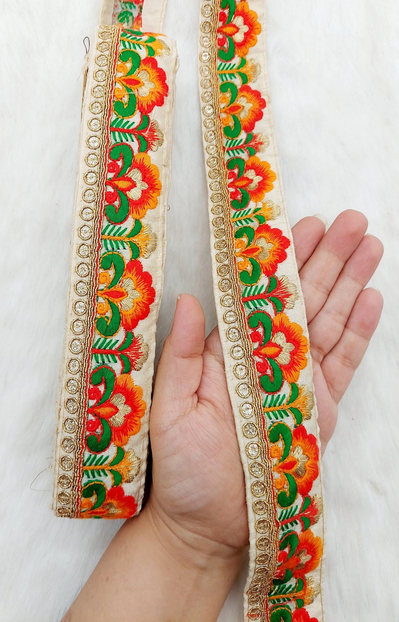 Beige Art Silk Lace Trim in Floral Embroidery, Gold Sequins Embellishments, Decorative Trim
