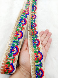 Thumbnail for Beige Art Silk Lace Trim in Floral Embroidery, Gold Sequins Embellishments, Decorative Trim