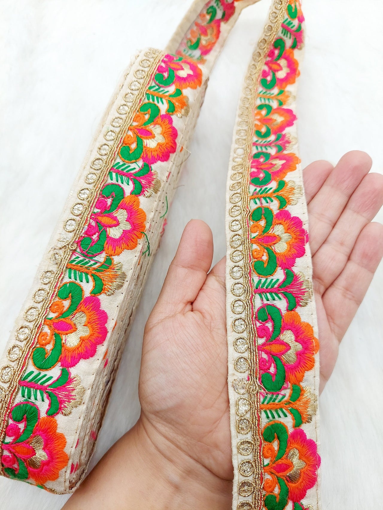 Beige Art Silk Lace Trim in Floral Embroidery, Gold Sequins Embellishments, Decorative Trim