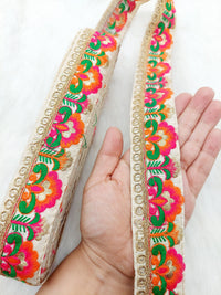 Thumbnail for Beige Art Silk Lace Trim in Floral Embroidery, Gold Sequins Embellishments, Decorative Trim
