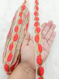 Thumbnail for Off White Tissue Fabric Trim In Floral Embroidery, Gold Lace Trim By 9 Yards Indian Decorative Trim, Ribbon