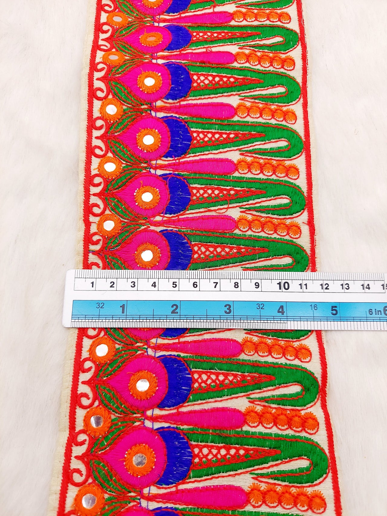 Off White Art Silk Fabric Trim, Paisley Embroidered Trim, Foil Mirror Embroidery