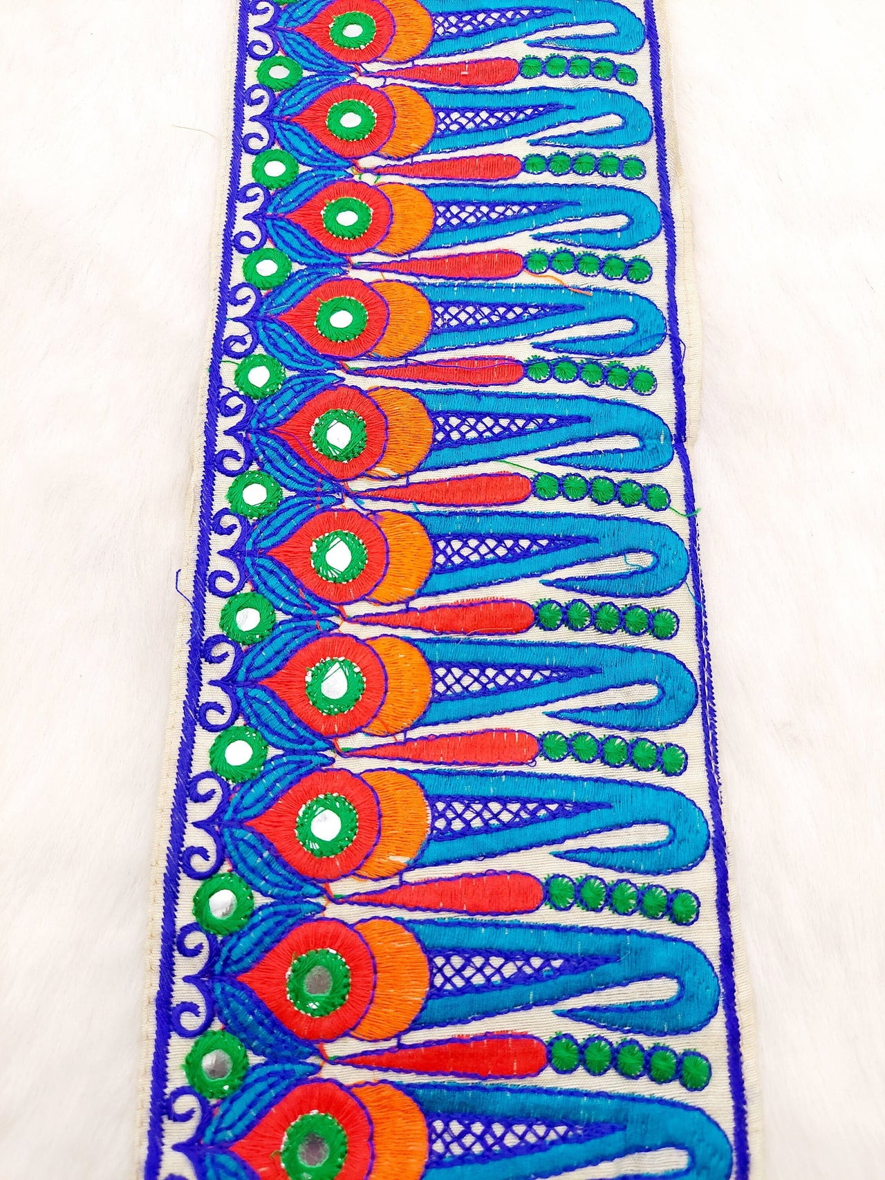Off White Art Silk Fabric Trim, Paisley Embroidered Trim, Foil Mirror Embroidery