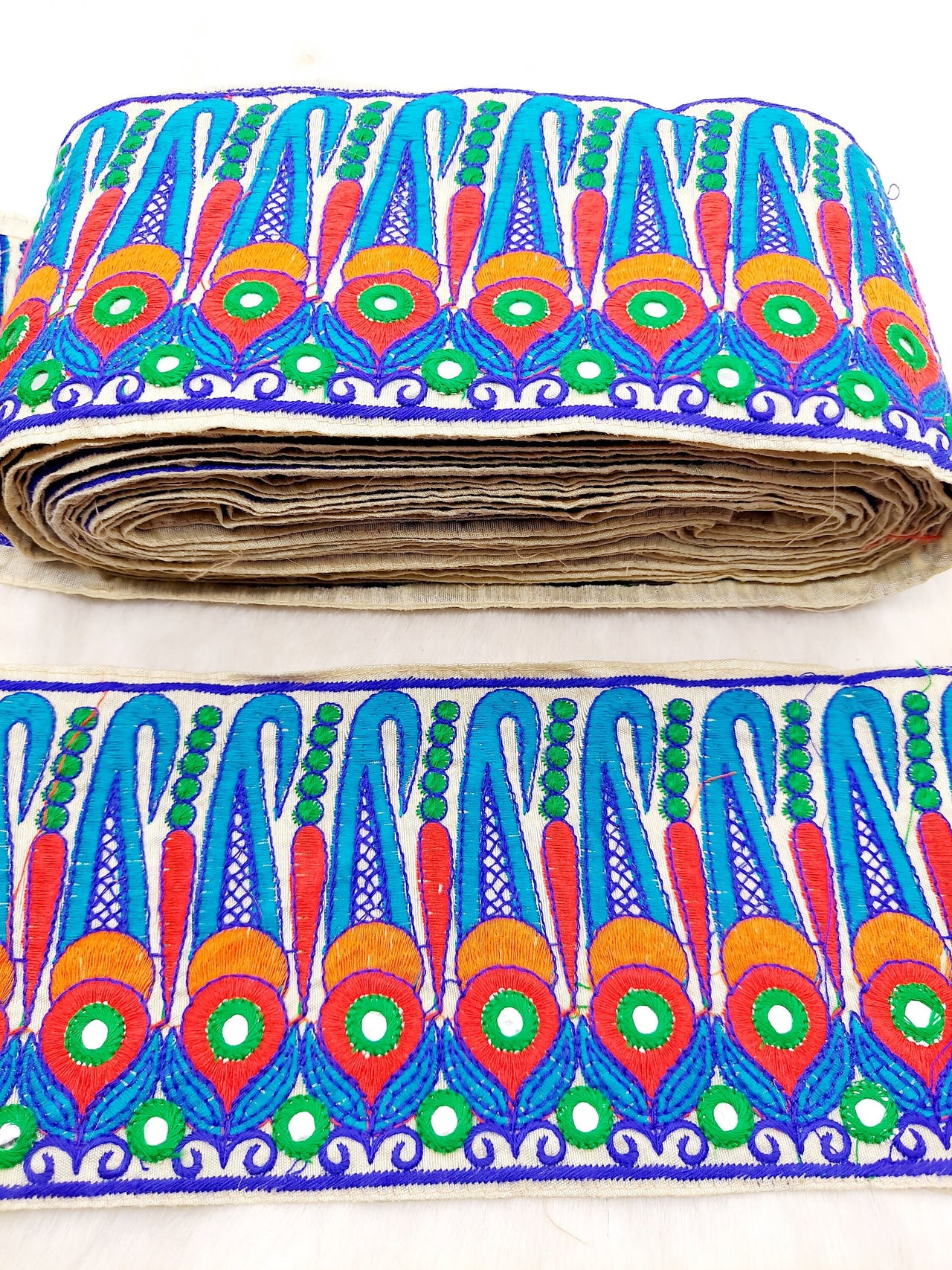 Off White Art Silk Fabric Trim, Paisley Embroidered Trim, Foil Mirror Embroidery