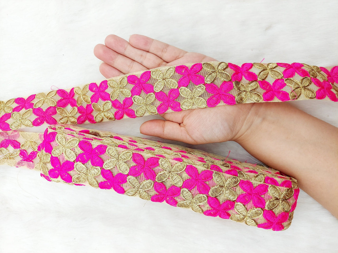 Beige Net Fabric Trim With Gold Embroidery, Floral Embroidery, Available in 6 Colours