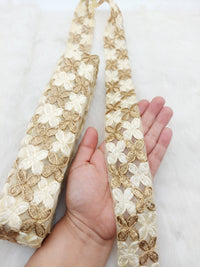 Thumbnail for Beige Net Fabric Trim With Gold Embroidery, Floral Embroidery, Available in 6 Colours